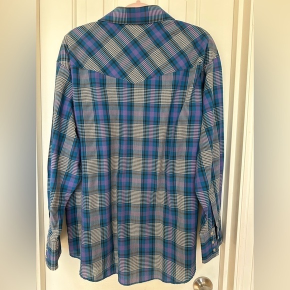 Vtg Western Shirt Wrangler 16.5x34 Cowboy Cut Pearl Snap Blue Plaid XLong Tails - Picture 8 of 9
